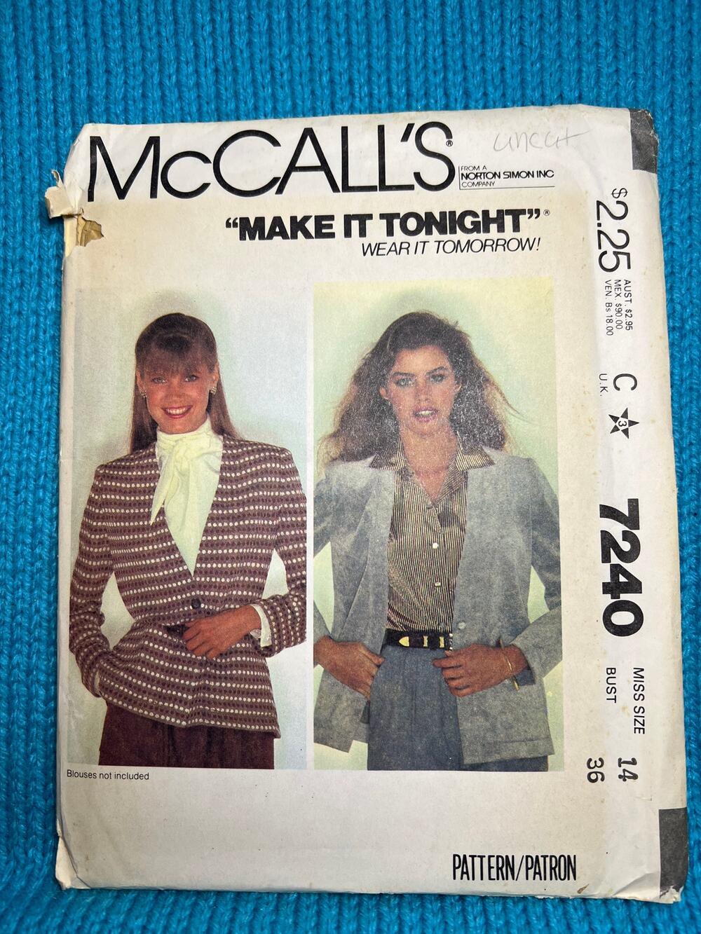 McCalls 7240 Sewing pattern jacket blazer 1970s size 14